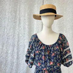 【USA製】花柄フレアワンピース ネイビー 半袖 レース フローラル 古着
