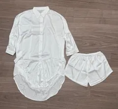 【訳あり】サテンシャツ Sサイズ ホワイト 彼シャツ セクシー ルームウェア パジャマ 部屋着 ショートパンツ付き