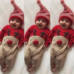ベビー ロンパース 新生児 赤ちゃん エルク 鹿 トナカイ サンタ服 クリスマス コスチューム サンタ帽子 カーキ丸玉 レッド 着ぐるみ 肌着 子供服 秋冬 女の子 男の子 オーバーオール オールインワン コスプレxiaokb26