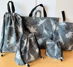 【匿名配送】ハンドメイド　入園入学5点セットNO.268 恐竜柄 ダークグレー