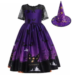 新品 [UPENC] 魔女 女の子 ハロウィン 仮装 子供 悪魔 可愛い 人気 ワンピース 120-160cm 5サイズ パープル コスプレ キッズ 半袖 レース パーティー イベント 演出服 帽子 タトゥーシール付き 4点セット