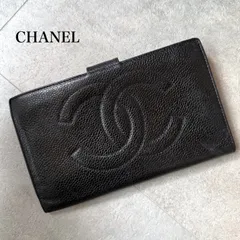 美品 CHANEL シャネル キャビアスキン ココマーク デカココ がま口 二つ折り財布 ブラック 黒 ゴールド金具 レザー 長財布