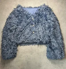 【GRL】美品 グレイル シャギーニットカーディガン パールボタン ブルー F ショート丈 ふわふわ