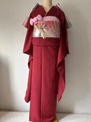 振袖　エンジ系　着物　帯　襦袢無し　裄65