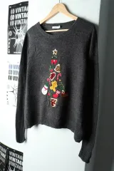 W(M-L) ブランド ヴィンテージ ニット クリスマス ツリー グレー -1629C