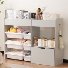  絵本棚 おもちゃ収納 ラック 幅109cm ワゴン付き 大容量 木製 収納ボックス ナチュラル【キッズ】   