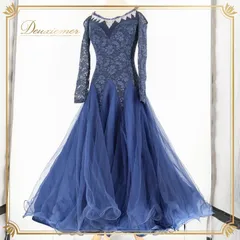 社交ダンス 衣装 スタンダードドレス ドレス ワンピース 紺 高級感 上品 フリル レース お洒落 ネイビー系 パーティ 軽やか 優雅 フェミニン クラシックスタイル