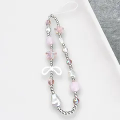 新品　スマホストラップ　可愛いスマホストラップ　パステルピンク　ビーズ　星　お花　リボン　ミニチャーム　オーロラカラービーズ　ガーリー　上品　立体チャーム