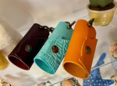 レザークラフト くるっとキーケース 猫/ねこ ( 水色 / 英字 ) ハンドメイド #1