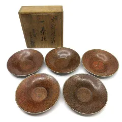 茶道具　静和堂　金谷五良三郎作　銅小判銀覆輪　茶托　五客　共布共箱　FR8042 茶道具 静和堂 金谷五良三郎作 銅小判銀覆輪 茶托 五客 共布共箱