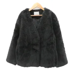 ローリーズファーム LOWRYS FARM フェイクファーコート ショート丈 ノーカラー L 黒 ブラック /YK4のサムネイル