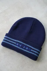 adidas（アディダス）90s〜00s スリーライン ビーニー・ニットキャップ / ネイビー×ライトブルー / 刺繍3ライン / 栗原タグ・台湾製