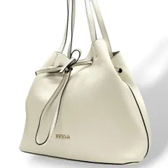 美品 フルラ ショルダーバッグ 白 巾着 レザー 本革 ワンショルダー s9 ハンドバッグ トートバッグ 肩掛け可 肩かけ可 ホワイト ゴールド金具 ロゴ 自立可 FURLA