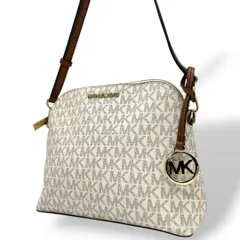 美品　マイケルコース　ショルダーバッグ　白　モノグラム　斜め掛け可　s15　PVC　レザー　本革　ホワイト　ブラウン　自立可　ゴールド金具　ロゴ　チャーム付き