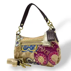 コーチ COACH 2WAY ハンドバッグ ショルダーバッグ ポピー オプアート シグネチャー ベージュ マルチカラー キャンバス ゴールド金具 ロゴチャーム付き 手提げ 斜め掛け可 レディース T1