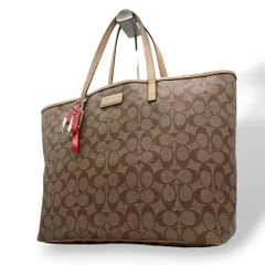 美品 コーチ トートバッグ 茶 シグネチャー ワンショルダー チャーム付き レザー T6 ハンドバッグ 肩掛け可 肩かけ可 PVC 本革 ブラウン ロゴプレート F27393