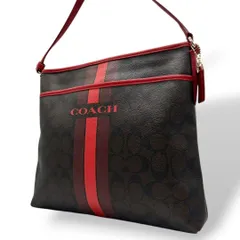 コーチ　ショルダーバッグ　茶　シグネチャー　ストライプ　PVC　レザー　s30　斜め掛け可　ゴールド金具　チャーム付き　ロゴ　ブラウン　レッド　赤　F38402　COACH