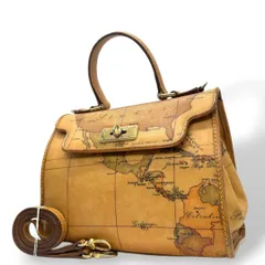 プリマクラッセ ハンドバッグ 茶 ブラウン 地図柄 世界地図 フラップ 2way トートバッグ ショルダーバッグ 斜め掛け可 PVC ゴールド金具 s50 PRIMA CLASSE