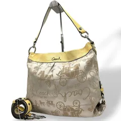 コーチ ショルダーバッグ 黄 イエロー ベージュ 馬車柄 ホースアンドキャリッジ 2way トートバッグ ハンドバッグ 斜め掛け可 ナイロン パテント s63 シルバー金具 COACH F16222