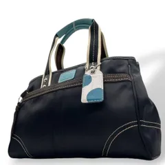 コーチ COACH ハンドバッグ トートバッグ ブラック 水色 ナイロン レザー 本革 ロゴプレート チャーム付き 自立可 シルバー金具 F11992 s46 レディース