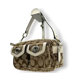 【極美品】COACH コーチ アクセサリーポーチ ハンドバッグ シグネチャー ターンロック キャンバス レザー ブラウン ホワイト レディース コンパクト 可愛い おしゃれ 小物入れ コスメポーチ お出かけ ミニバッグ s84