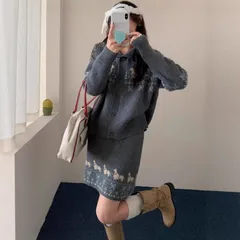 【オリジナル】レディース ジャカード ニット ツーウェイセット カーディガン スカート フリーサイズ 韓国風 新作