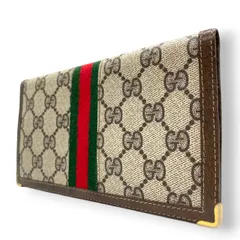 希少 オールドグッチ GUCCI 長財布 札入れ 二つ折り シェリーライン GGスプリーム PVC レザー 茶 ベージュ ヴィンテージ クレストロゴ ゴールド金具 コーナー金具 薄型 スリム メンズ レディース 男女兼用 財布 イタリア製 w5