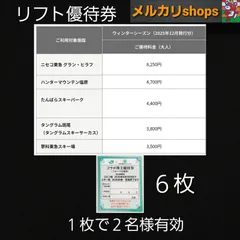 6枚 スキー場 大人リフト優待券 ニセコ東急 グラン・ヒラフ　ハンターマウンテン塩原　たんばらスキーパーク　タングラム斑尾(タングラムスキーサーカス)　蓼科東急スキー場　コラボ株主優待券(スポーツ共通券)　リフト券　割引券
