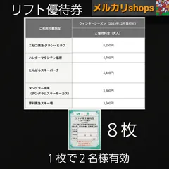 8枚 スキー場 大人リフト優待券 ニセコ東急 グラン・ヒラフ　ハンターマウンテン塩原　たんばらスキーパーク　タングラム斑尾(タングラムスキーサーカス)　蓼科東急スキー場　コラボ株主優待券(スポーツ共通券)　リフト券　割引券