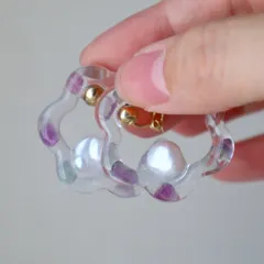 もくもくフラワーフープチタンピアス／イヤリング　レジン　淡水パール　フローライト　天然石　韓国風