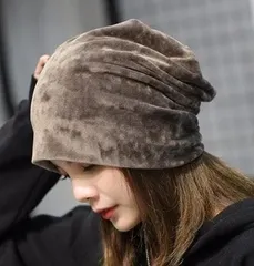 ベージュ ニット帽 ビーニー ニットキャップ ベロア 3way 男女兼用 無地