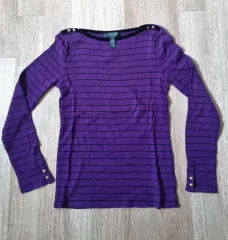 ラルフローレン レディース ボーダー柄 濃いパープル 綿100％ 長袖Tシャツ Mサイズ