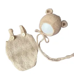 【人気商品】[NANA's shop] ニューボーンフォト ベビー用ニット衣装セット くま耳ボンネット帽子とオーバーオール 新生児フォト撮影用 ハーフバースデー 百日祝い 月齢フォト