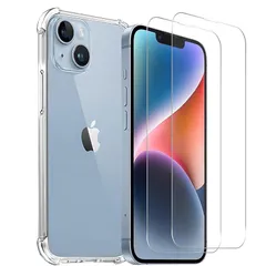 iPhone 14 ケース + ガラスフィルム 【国産旭硝子素材】 iphone14 フィルム 液晶保護フィルム 全面吸着 高透過率 硬度9H ラウンドエッジ加工 アイホン14 TPU クリア 黄ばみなし 米軍MIL規格 耐衝撃 耐久性 滑り止め 全面保護 ワ