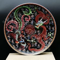 新年ギフト大清乾隆黒地斗彩龍鳳呈祥磁盤 景徳鎮 陶磁器 装飾品 現代工芸品美術品 置物CZW1207P810