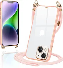 【在庫処分】iPhone14 用の ケース クリア ショルダー いphone14 スマホケース カバー アイフォン14 肩掛け 首掛け 斜めかけケース 可愛い かわいい 韓国 透明 TPU 薄型 耐衝撃 シリコン(桜 ピンク)