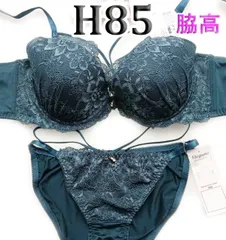 g■92[H85&LL]Elegante脇高ブラジャーショーツセット　胸紐付き　腰ひも付き　ネイビーグリーン　大きなカップサイズ 　新品未使用のサムネイル
