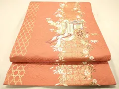 平和屋着物◎六通柄京袋帯　駒刺繍　御所車花文　藤花房　金糸　正絹　逸品　DAAZ3743jm