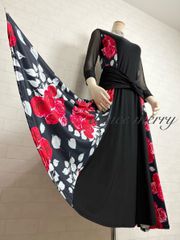 MERRY】新品 豪華 社交ダンス 赤 黒 スカート パーティ タンゴ ワルツ