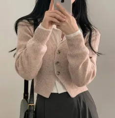 ピンク ベージュ ニット クロップド カーディガン