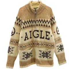 AIGLE エーグル ウール100% ニットジャケット L ベージュ系 アウトドア メンズ 古着