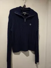 ネイビー ケーブル編み ハーフ ニット ジップアップ