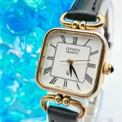 【中古】シチズン CITIZEN 4-154380 腕時計 ヴィンテージ レディース クォーツ スクエア ローマ数字 ゴールドカラー 金色 革ベルト カボション アンティーク レトロ