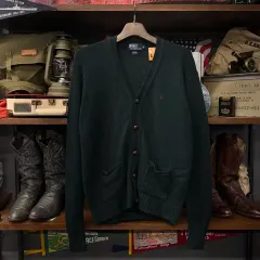 80's ポロラルフローレン バーガンディ スモールポニー ロゴ ウールニットカーディガン N36