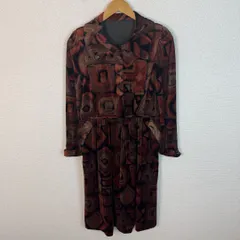 総柄 ワンピース コート 幾何学模様 レトロ ブラウン レディース 古着 クラシック モード