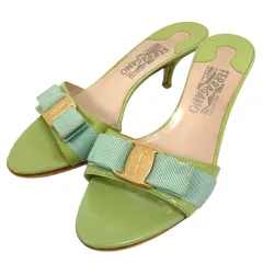サルヴァトーレフェラガモ Salvatore Ferragamo ミュール サンダル ヴァラ リボン オープントゥ 7 1/2 黄緑 イエローグリーン 水色 ライトブルー