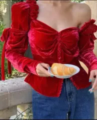 リミテッド 冬コーデ ソークッキー ベルベット オフショルダー リボン 片方オフショルダー レッド トップス