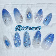 【オーダー】【NO.18】夜空・星空・青・あお・オーロラ・グラデーション・キラキラ・ラメ・ミラー・ワンホン・韓国・リボン・ちゅるん・うるうる・大人可愛い・ネイルチップ