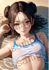 O-040　濡れ髪が輝く海辺の女性・透明トップスが映える夏のAIアート A4
