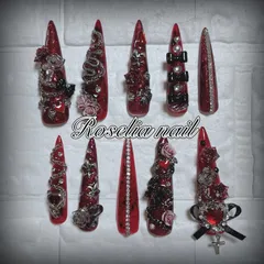 【現品】赤黒･ギャル･地雷系･派手・個性派・薔薇・y2k･ゴテゴテ ・スーパーロング ネイルチップ